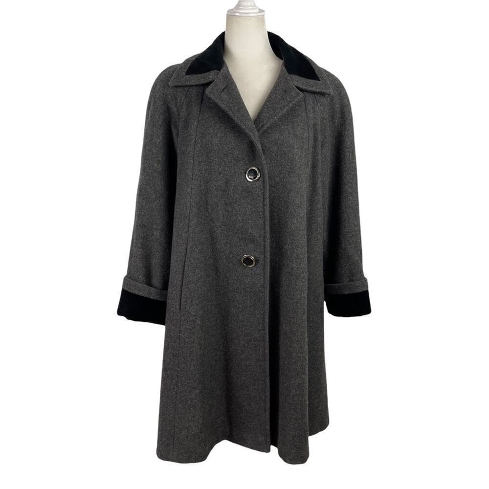 Vintage Jofeld Wool Blend Velvet Trim Black Pea Coat Size Medium Gray